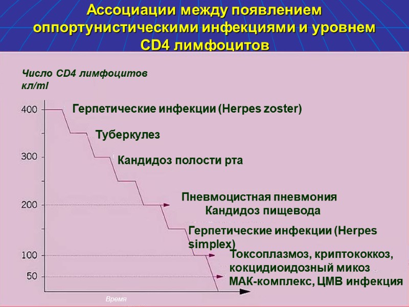 Ассоциации между появлением оппортунистическими инфекциями и уровнем CD4 лимфоцитов Герпетические инфекции (Herpes zoster) Туберкулез